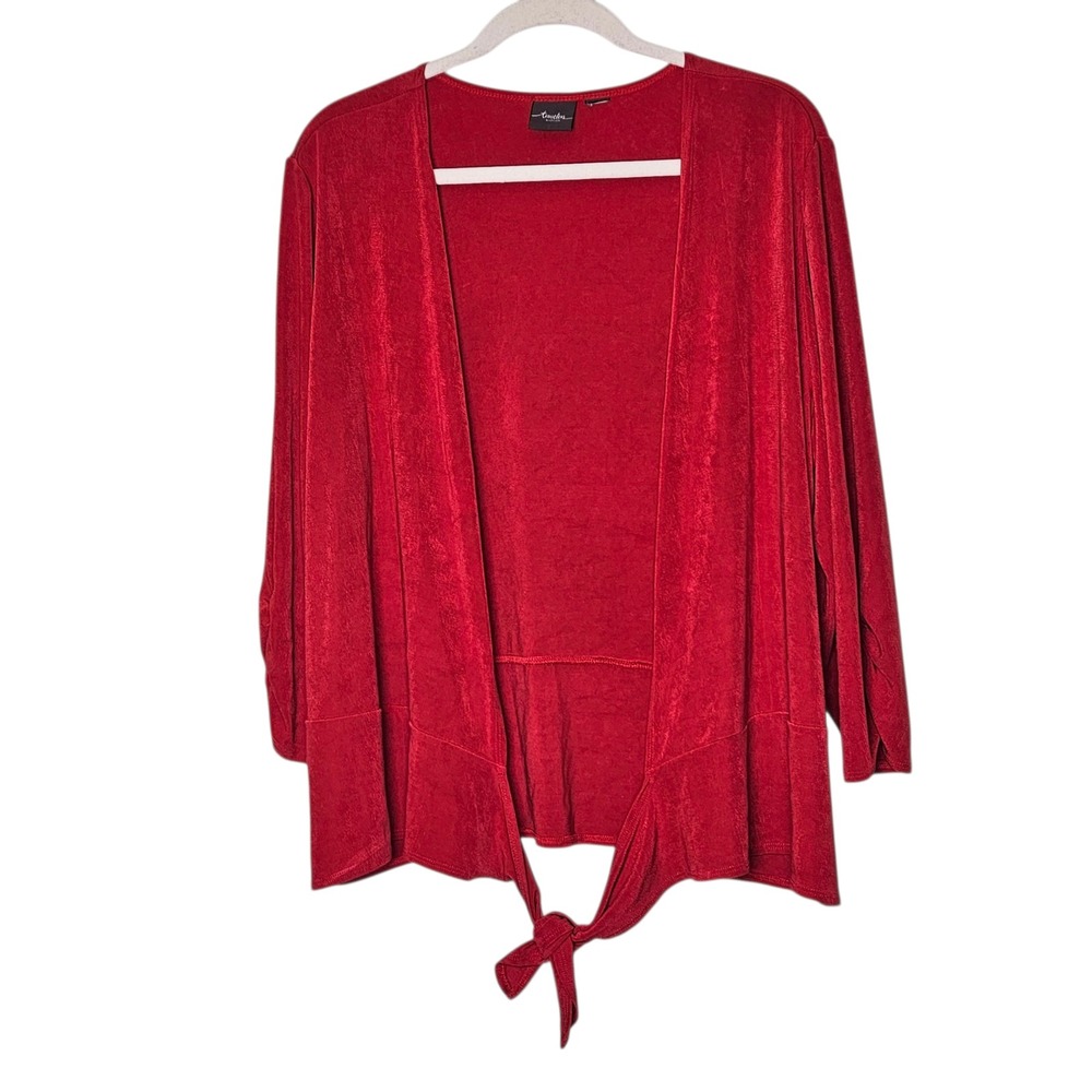 Travelon by Chico's Red Acetate Blend Tie Front 3/4 Sleeve‎ Cardigan Top